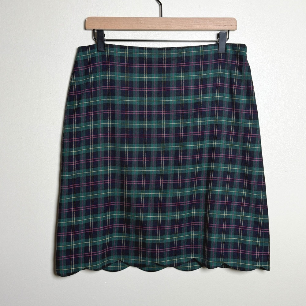 Talbots Womens Wool Blend Skirt 8 Green Plaid Scalloped Hem Dark Academia Winter